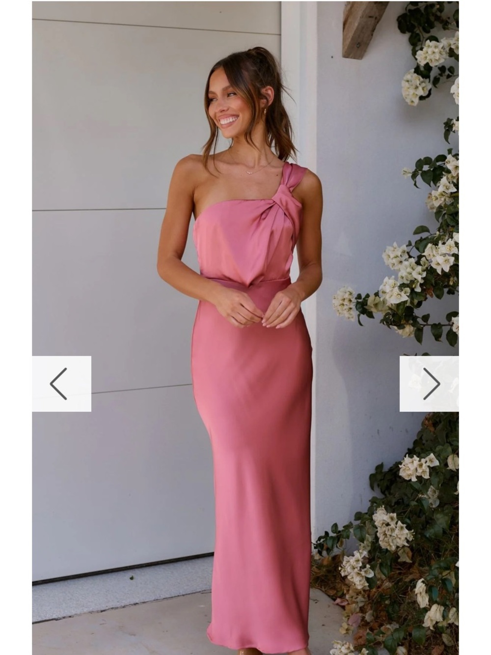 One-Shoulder Rose Pink Satin Column Dress with Shoulder Knot
